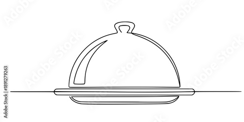 A kitchen plate with a closed lid on a horizontal line, symbolizing restaurant service, cooking, and gastronomy. Drawing in one line art style with editable black stroke.