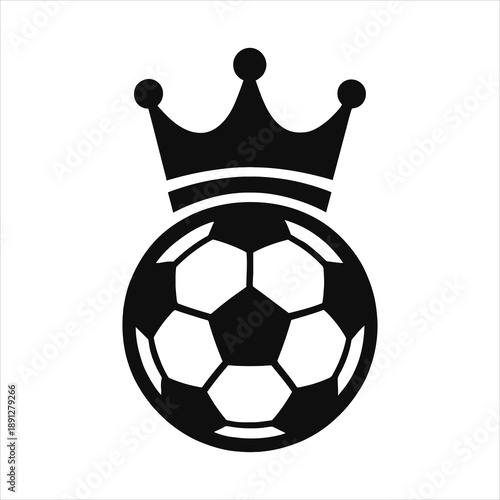 A monochrome vector depiction of a soccer ball football adorned with a crown silhouette vector icon illustration on white background