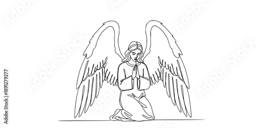 An angel with large wings kneeling in a prayer pose, symbolizing faith, humility, spirituality, and protection. Drawing in one line art style with editable black stroke. 