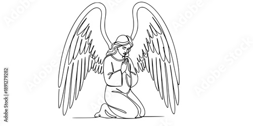 An angel with large wings kneeling in a prayer pose, symbolizing faith, humility, spirituality, and protection. Drawing in one line art style with editable black stroke. 