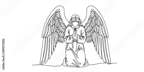 An angel with large wings kneeling in a prayer pose, symbolizing faith, humility, spirituality, and protection. Drawing in one line art style with editable black stroke. 