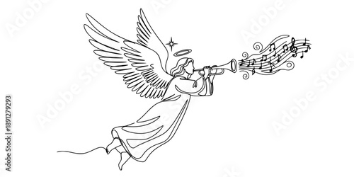 An angel with large wings flying and blowing a long trumpet, symbolizing good news, Christmas, divine proclamation, and spirituality. Drawing in one line art style with editable black stroke. 
