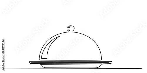 A kitchen plate with a closed lid on a horizontal line, symbolizing restaurant service, cooking, and gastronomy. Drawing in one line art style with editable black stroke.