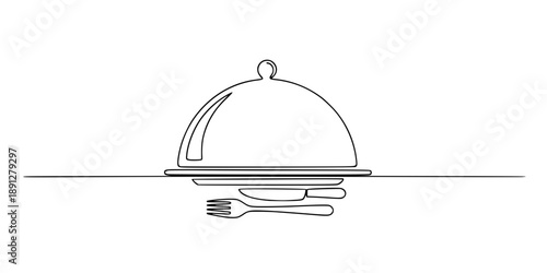 A kitchen plate with a closed lid on a horizontal line, symbolizing restaurant service, cooking, and gastronomy. Drawing in one line art style with editable black stroke.