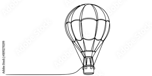 A hot air balloon with a basket in flight symbolizing the idea of travel and freedom. Drawing in one line art style with editable black stroke. 