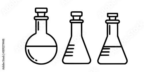 Three different laboratory flasks or bottles with stoppers in one line art style. Drawing with editable black stroke on a white background. 