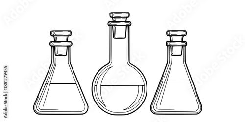 Three different laboratory flasks or bottles with stoppers in one line art style. Drawing with editable black stroke on a white background. 