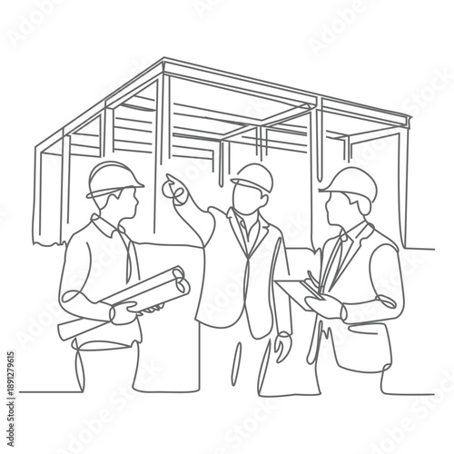 architect and engineer in uniform discussing project during meeting construction of buildings concept full length. Suitable for construction, engineering, safety, industrial, or workforce concepts.