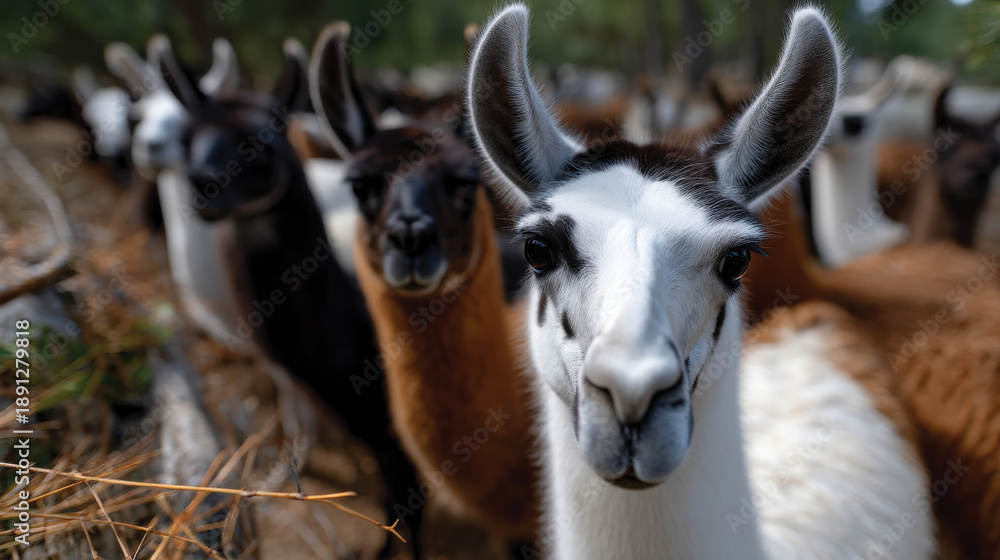 Fototapeta premium A close-up shot of a group of llamas in various colors displays their distinct features and characteristics, inviting appreciation for their beauty and the natural world.