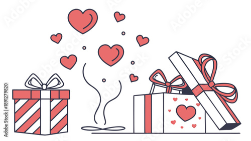 valentine  Romantic Valentine's Day Surprise Illustration - Gift Boxes and Flying Hearts Flat Vector Artgift6.eps