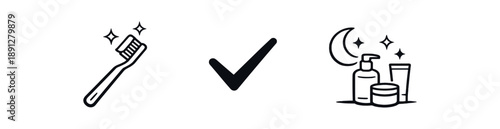 black and white outline toothbrush with sparkle checkmark evening routine