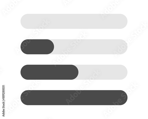 Progress bar loading UI element set showing empty, low, medium, and full states. Loading bar indicator with 0, 25, 50 and 100% states for app interfaces, dashboards, file upload, download and web UI.