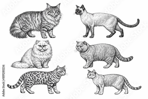 Illustrated variety of domestic cat breeds in detailed black and white sketches