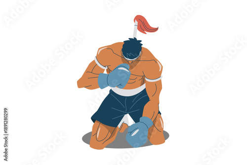 Muay Thai Boxer Performing Wai Kru Ritual in Blue Corner Vector Illustration.