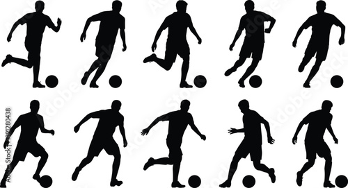 Soccer player silhouette set showing football athletes dribbling and running with ball in dynamic action poses, black sports figures isolated on white background vector illustration