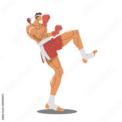 Muay Thai Boxer Performing Wai Kru Ritual in Red Corner Vector Illustration.