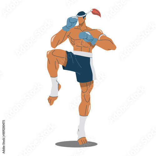  Muay Thai Boxer Performing Wai Kru Ritual in Blue Corner Vector Illustration.