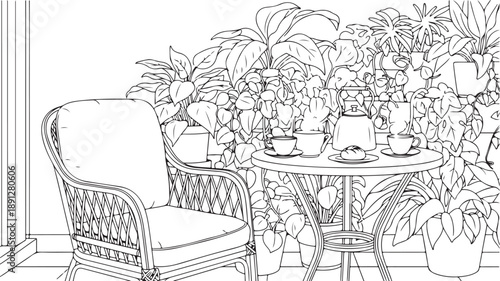 Cozy Balcony Scene with Wicker Chair, Table, Teapot, Cups, and Lush Potted Plants - Line Art