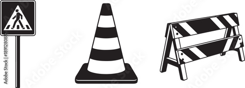 Set of Construction and Safety Symbols: Pedestrian Crossing Sign, Traffic Cone, and Barrier