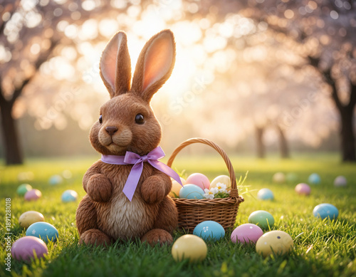 Adorable Easter Bunny with Colorful Eggs in a Sunny Spring Field