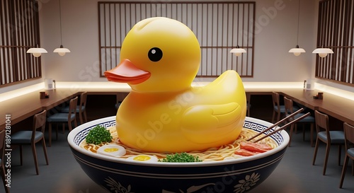 A giant, hyper-realistic, brightly colored rubber duck floating in a bowl of ramen noodles.