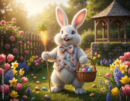 Happy Easter Bunny with Glowing Carrot Staff and Egg Basket
