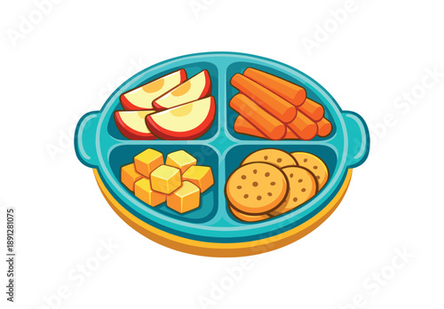 full color flat icon kids snack plate with sliced apples carrot sticks cheese cubes and crackers