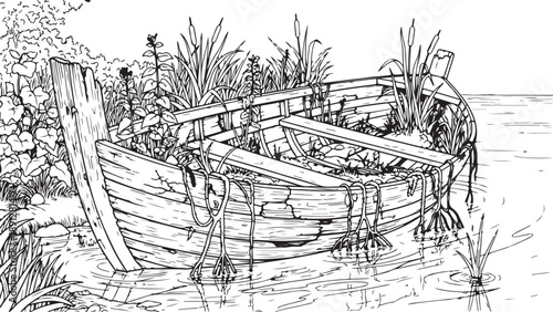 Abandoned Wooden Rowboat Partially Submerged in Water Amidst Reeds and Overgrowth - Line Art