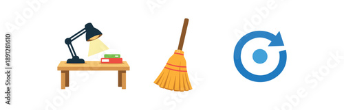 full color flat desk light wood broom straw reset blue