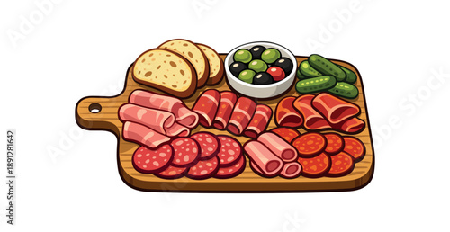 full color flat icon charcuterie style board with sliced meats olives pickles and bread slices