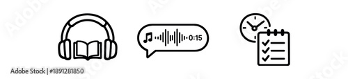 black and white outline headphone with small book icon short audio note learning micro habit