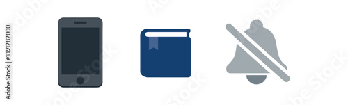 full color flat phone dark gray tiny book icon navy mute bell pale gray