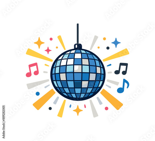full color flat icon disco ball hanging with light rays and small music notes dance party