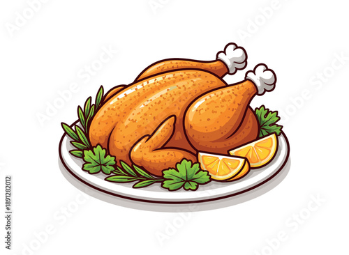 full color flat icon whole roasted chicken on round plate with herb garnish and lemon wedges