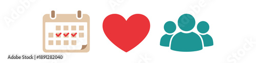 full color flat calendar beige heart red tiny people icon teal