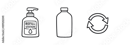 black and white outline reusable refill station pump bottle empty container outline circular refill arrows