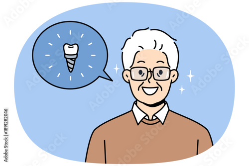 Dental implant for older men visiting dentist or orthodontist to improve oral health. Pensioner smiles and rejoices at installation dental implant after appearance of caries making eating unpleasant