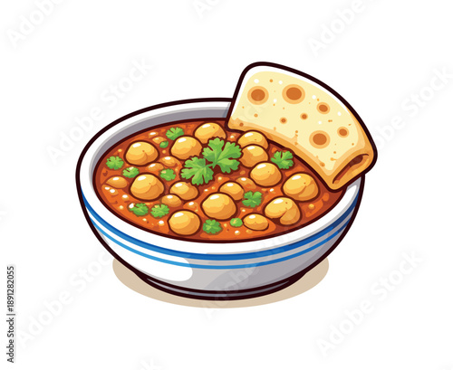full color flat icon bowl of curry with chickpeas visible herbs and side of flatbread edge