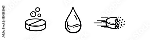 black and white outline concentrated cleaning tablet water droplet dissolving motion lines