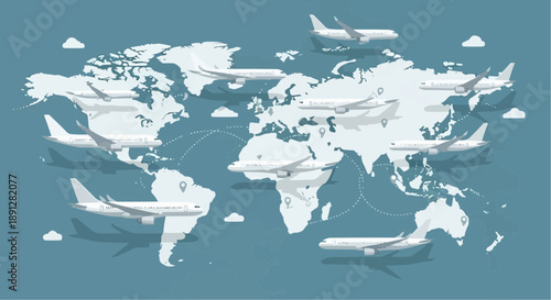 Airplanes fly around world map with clouds on blue background global travel concept