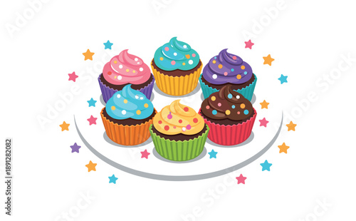 full color flat icon plate with colorful cupcakes and tiny sprinkles sweet party treats