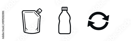 black and white outline refill pouch with corner spout bottle silhouette reuse arrows