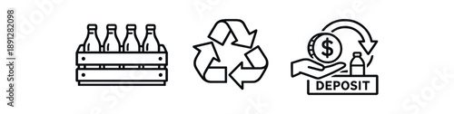 black and white outline glass bottle return crate arrows loop deposit system icon