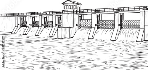 Black and white illustration of a concrete dam with water flowing through gates, generating hydroelectric power.