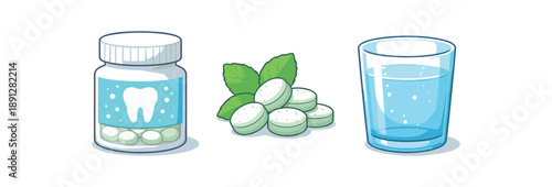 full color flat toothpaste tablet jar white tablets mint glass blue