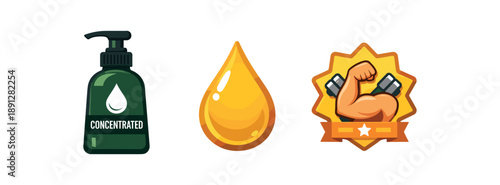 full color flat concentrated soap bottle dark green droplet strength badge