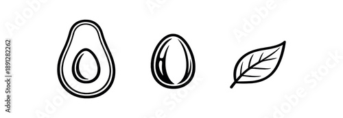 black and white outline ripe avocado half seed detail leaf accent