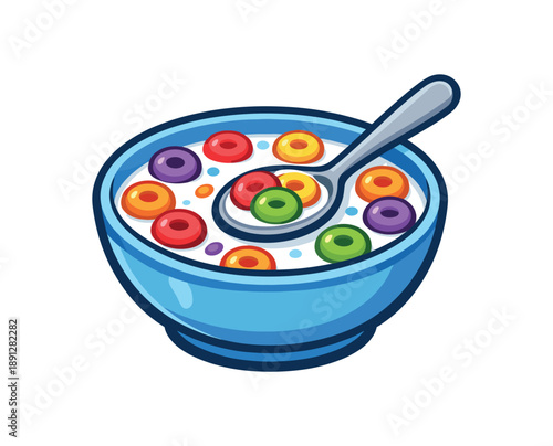 full color flat icon bowl of cereal with colorful loops milk and spoon inside