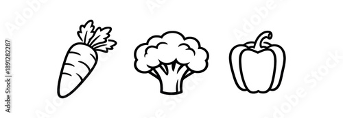 black and white outline vegetables trio carrot broccoli pepper