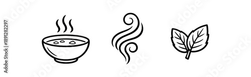 black and white outline soup bowl steam swirl herb leaf